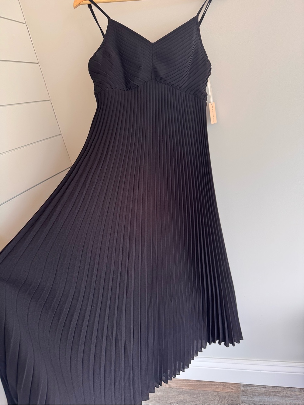 Women's Black Pleated Maxi Dress with Spaghetti Straps